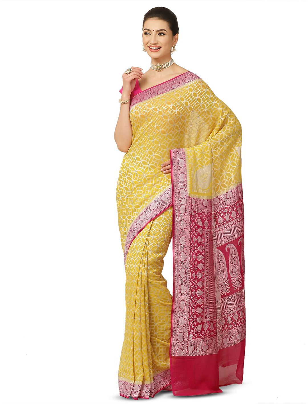 

Humairah Ethnic Motifs Woven Design Zari Pure Georgette Banarasi Saree, Yellow