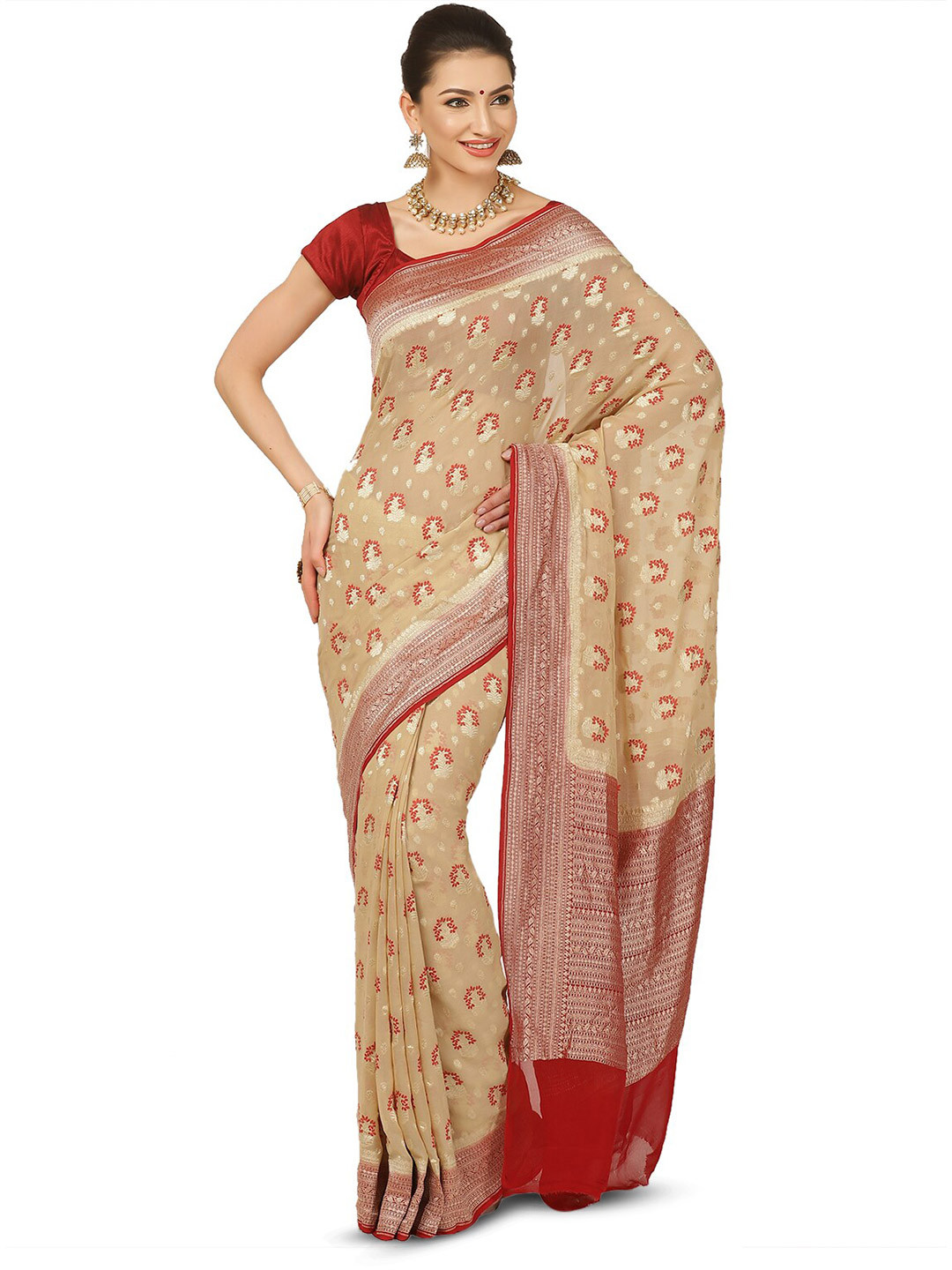 

Humairah Floral Woven Design Zari Pure Georgette Banarasi Saree, Beige