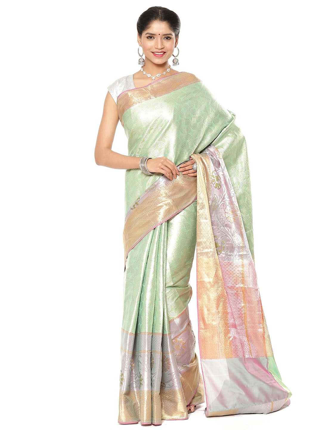 

Humairah Floral Woven Design Zari Art Silk Jamdani Saree, Sea green