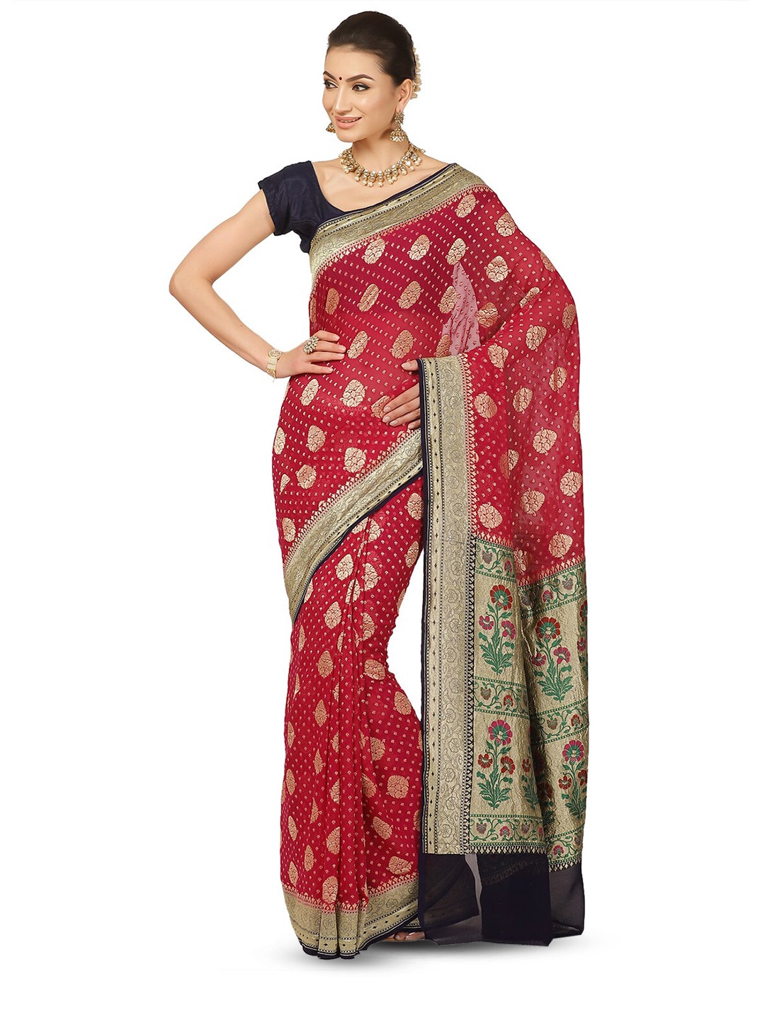 

Humairah Floral Woven Design Zari Pure Georgette Banarasi Saree, Magenta