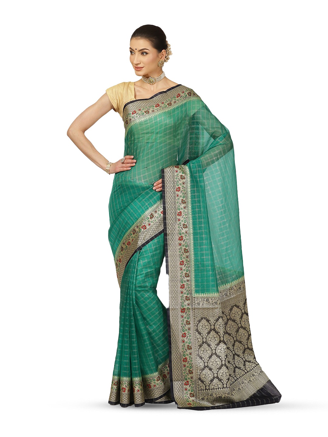 

Humairah Checked Woven Design Zari Organza Banarasi Saree, Green