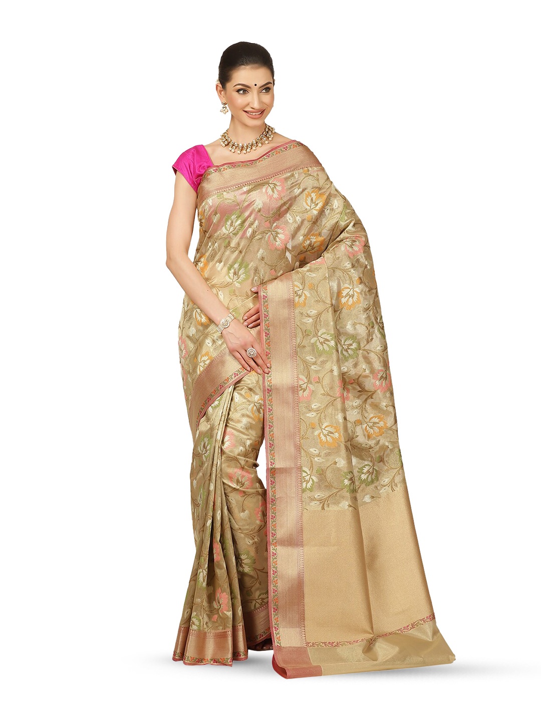 

Humairah Floral Zari Tissue Banarasi Saree, Beige