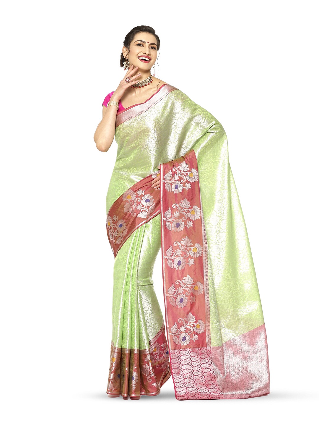 

Humairah Floral Woven Design Zari Kanjeevaram Saree, Green