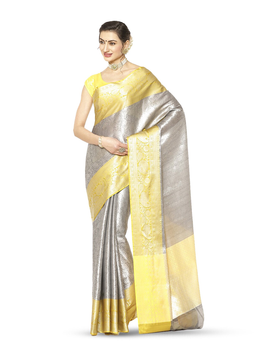 

Humairah Ethnic Woven Design Zari Kanjeevaram Saree, Grey