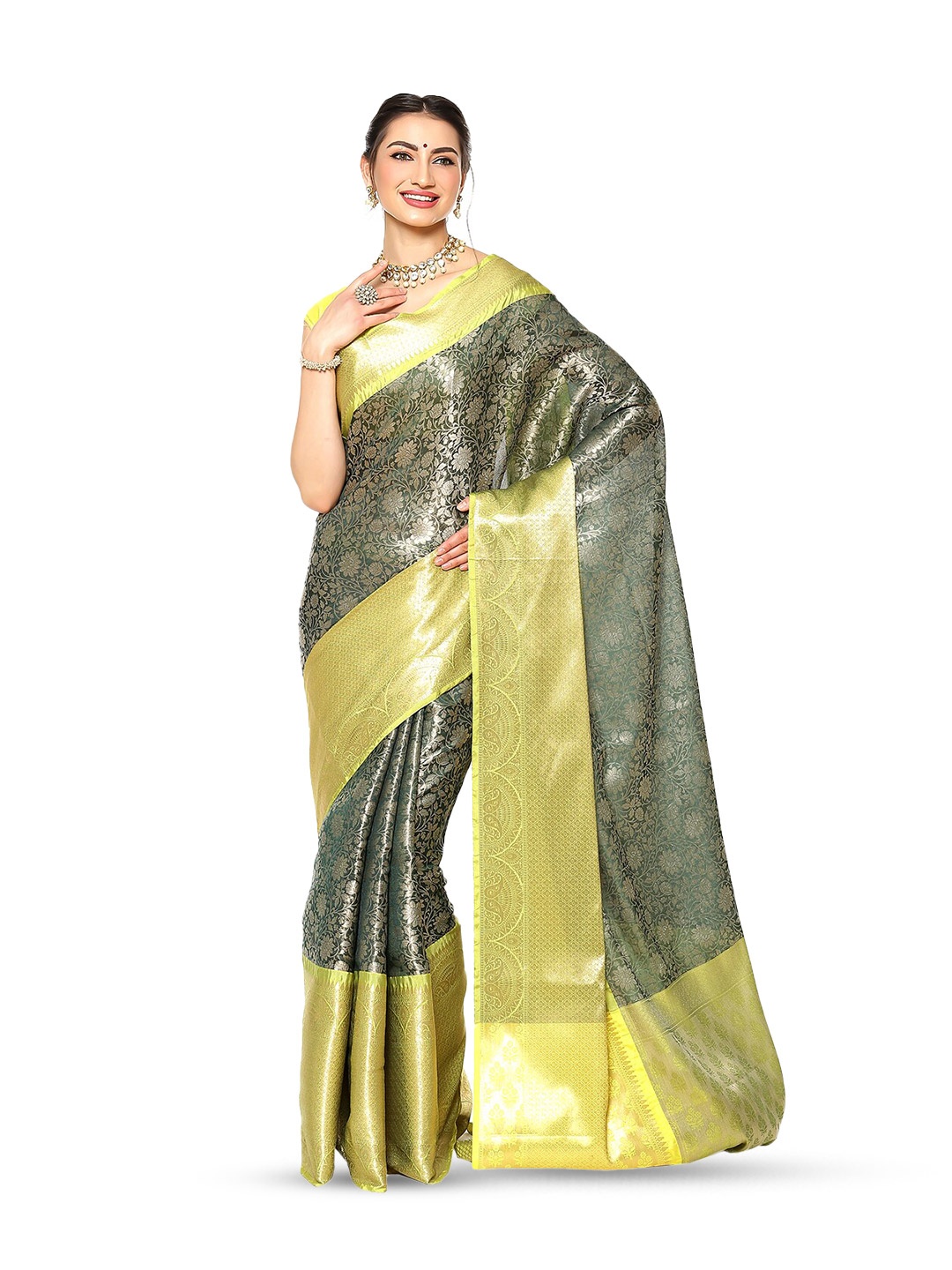 

Humairah Woven Design Zari Kanjeevaram Saree, Green