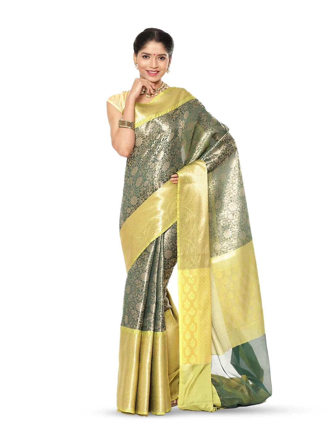 

Humairah Floral Woven Design Zari Kanjeevaram Saree, Green