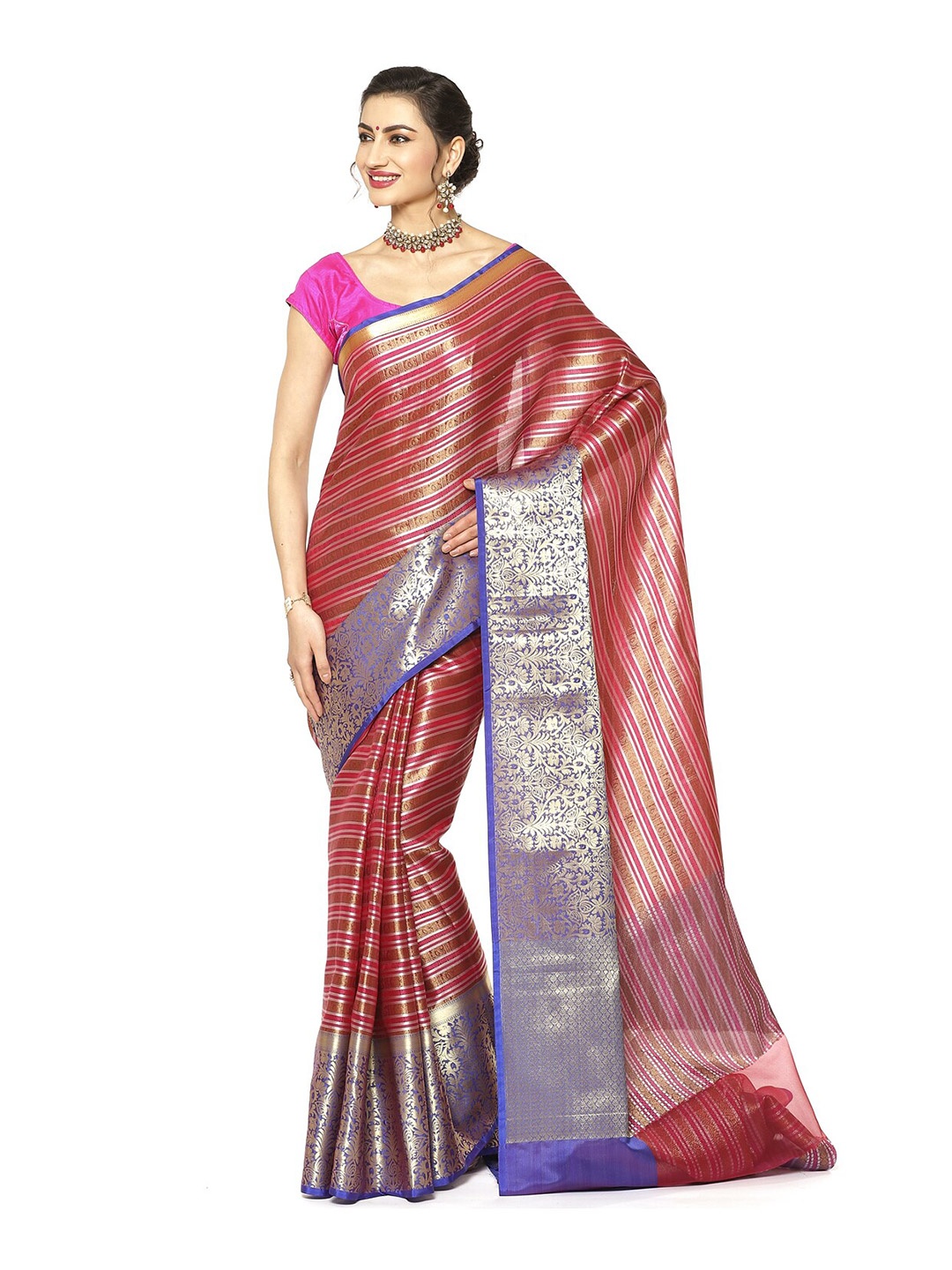 

Humairah Striped Woven Design Zari Kanjeevaram Saree, Red