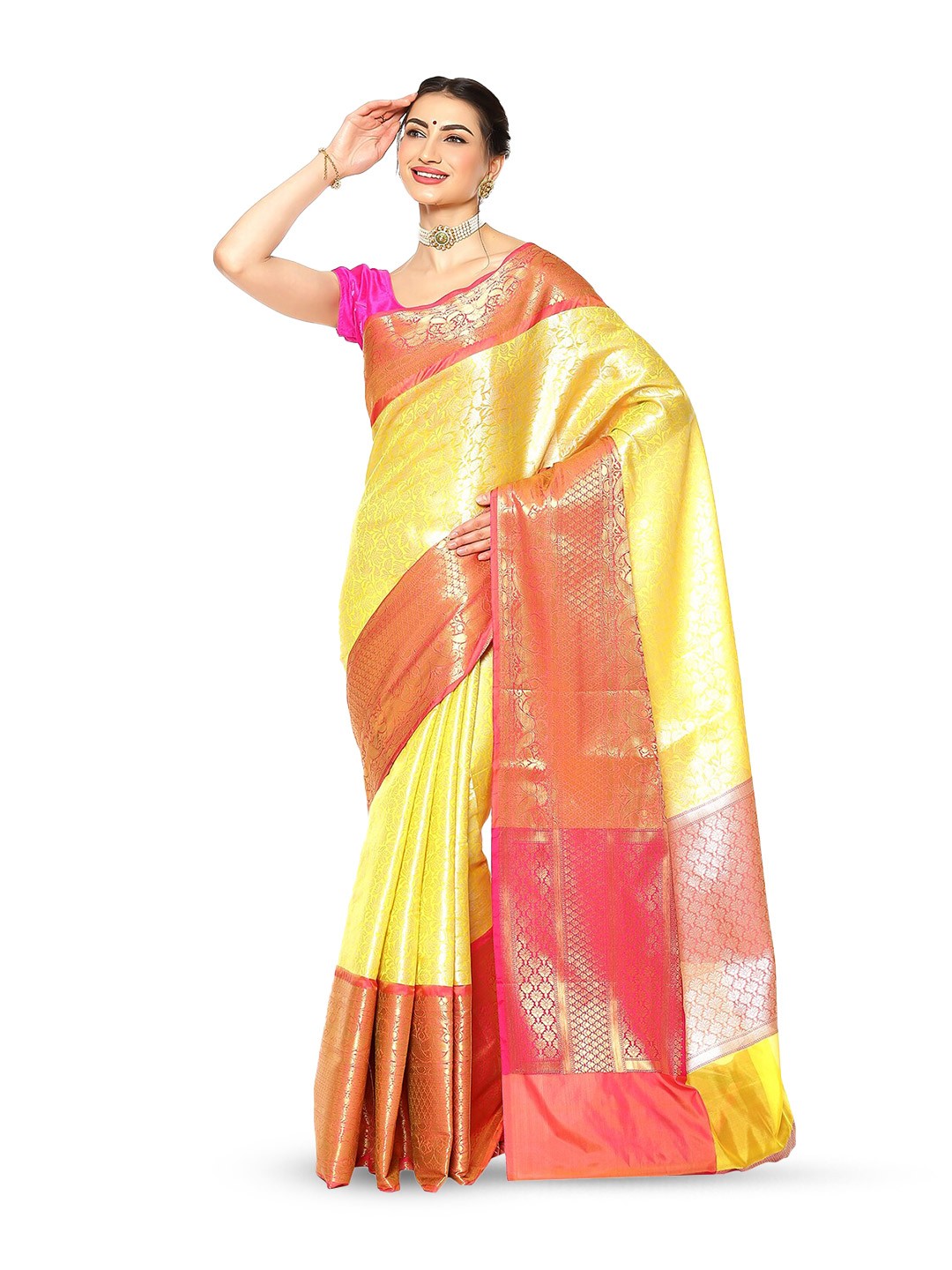 

Humairah Floral Woven Design Zari Kanjeevaram Saree, Gold