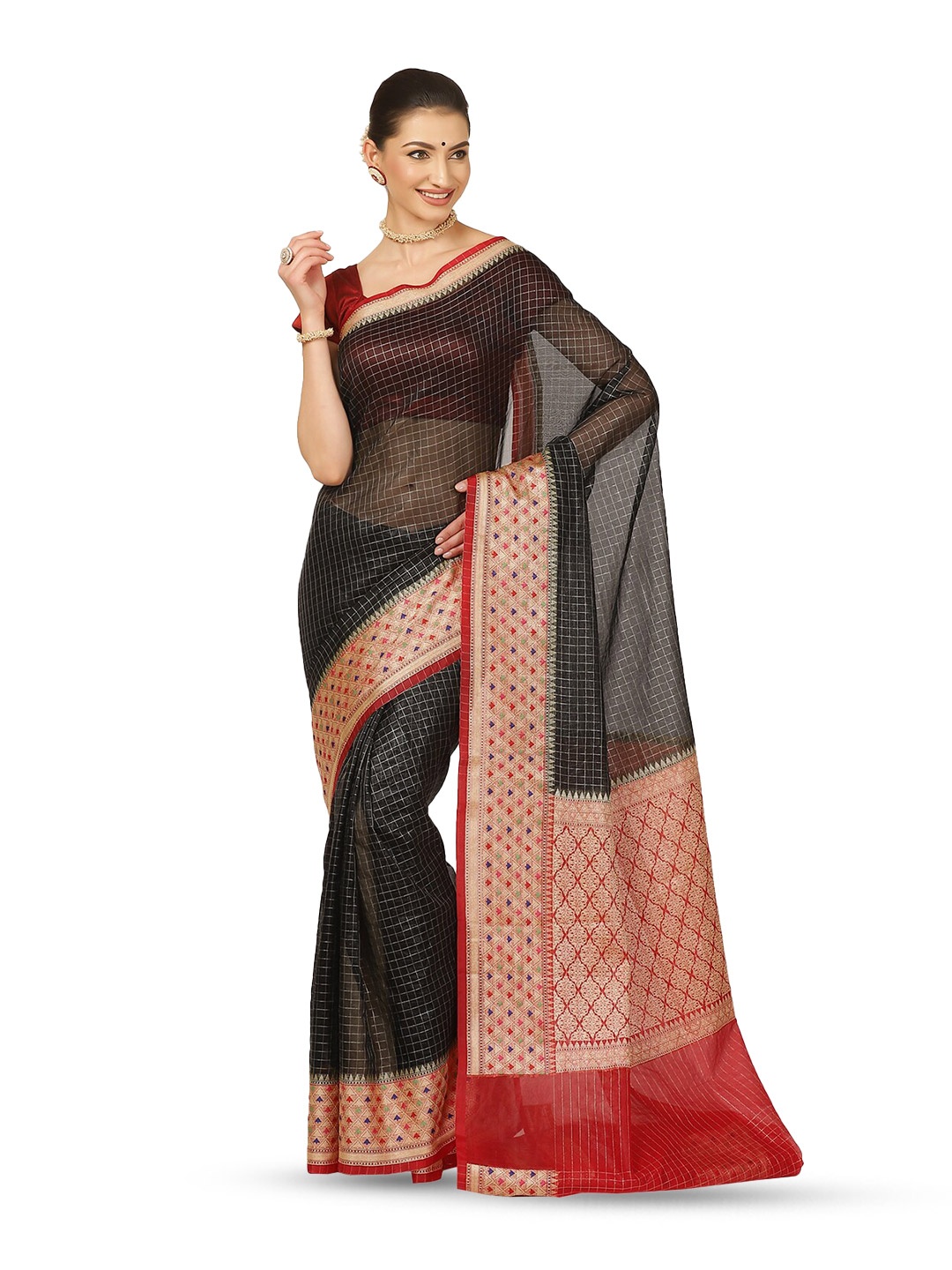 

Humairah Checked Zari Organza Banarasi Saree, Black