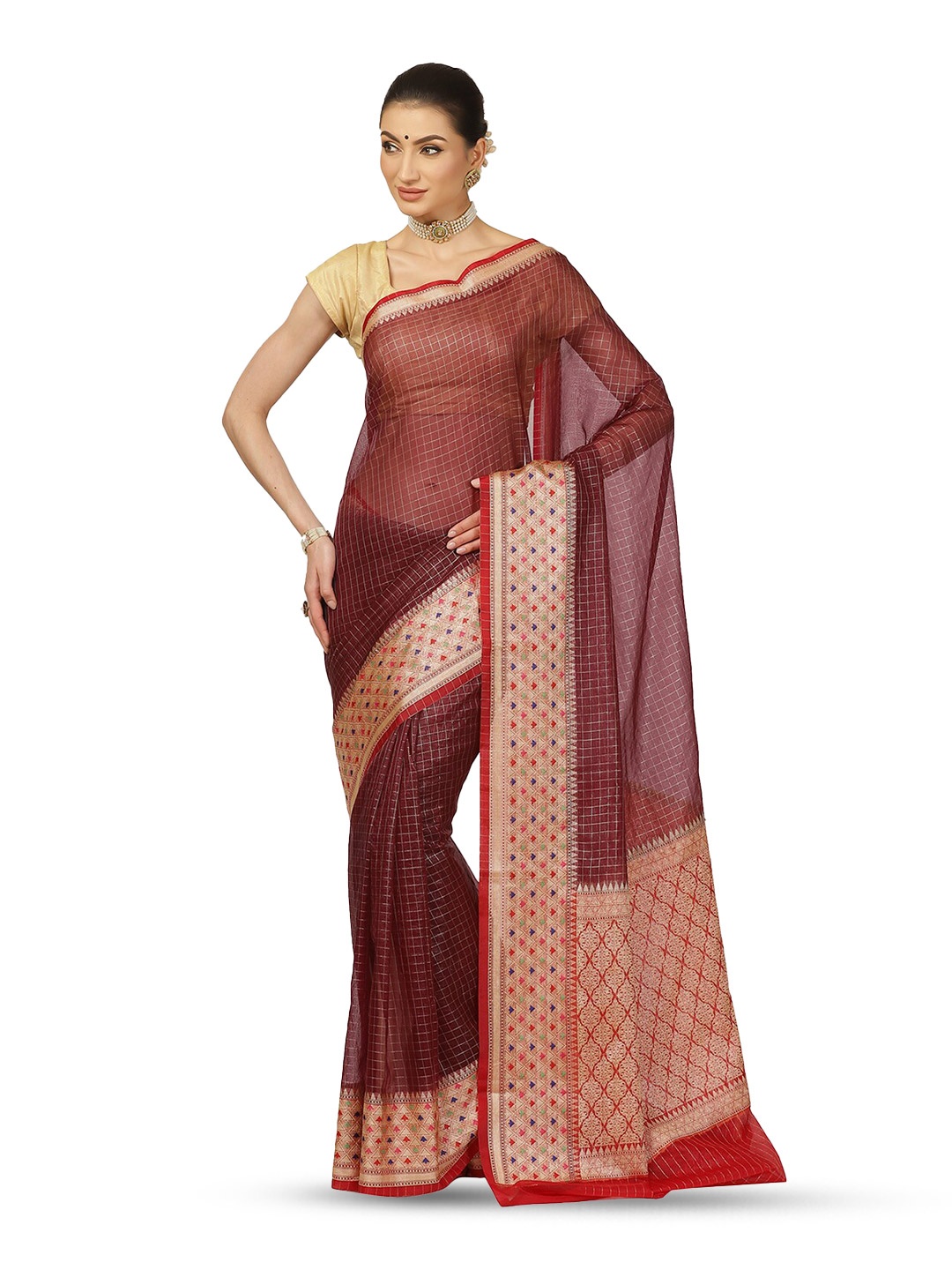 

Humairah Checked Zari Organza Banarasi Saree, Brown