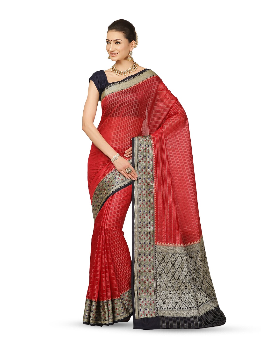 

Humairah Striped Zari Organza Banarasi Saree, Red