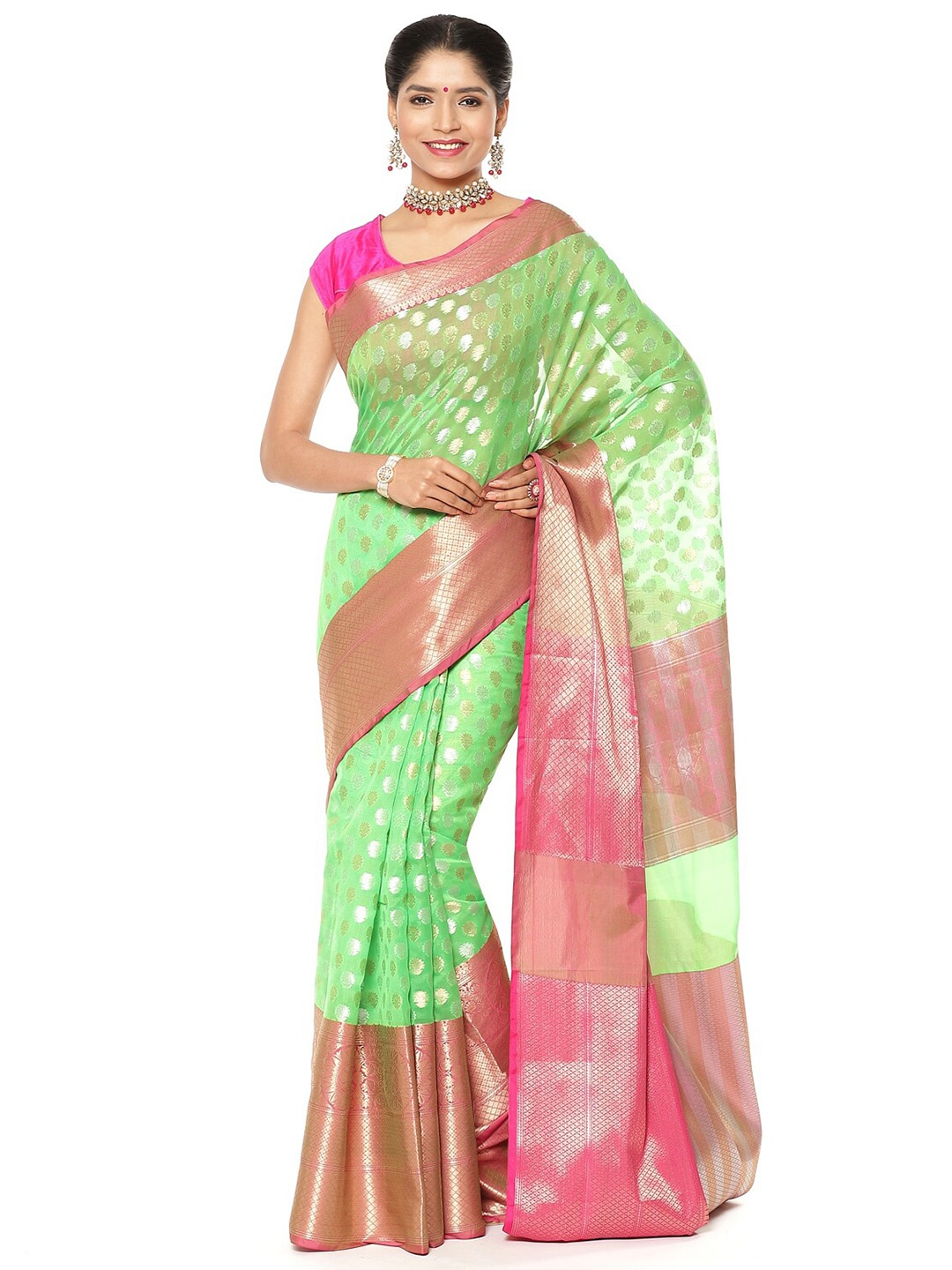 

Humairah Floral Woven Design Zari Kanjeevaram Saree, Green