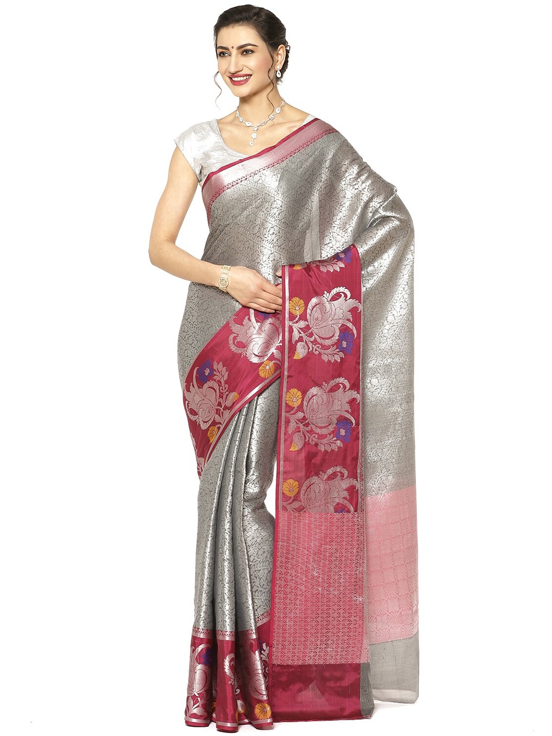 

Humairah Ethnic Motifs Woven Design Kanjeevaram Saree, Grey