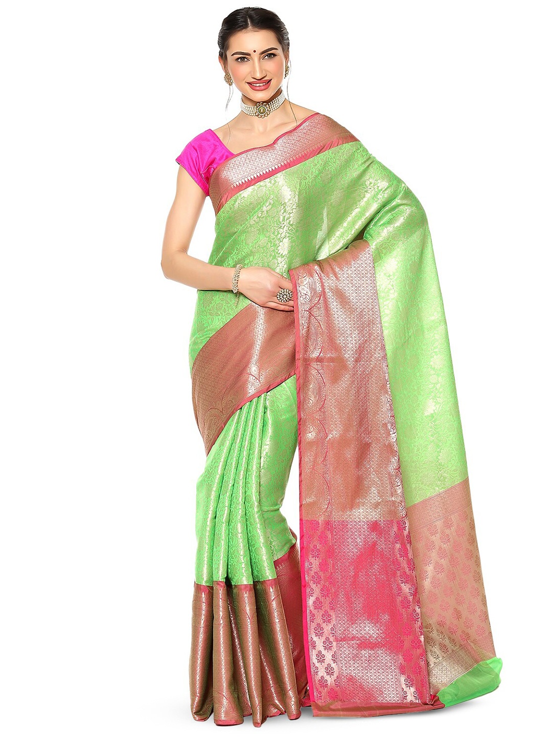 

Humairah Floral Woven Design Zari Kanjeevaram Saree, Green