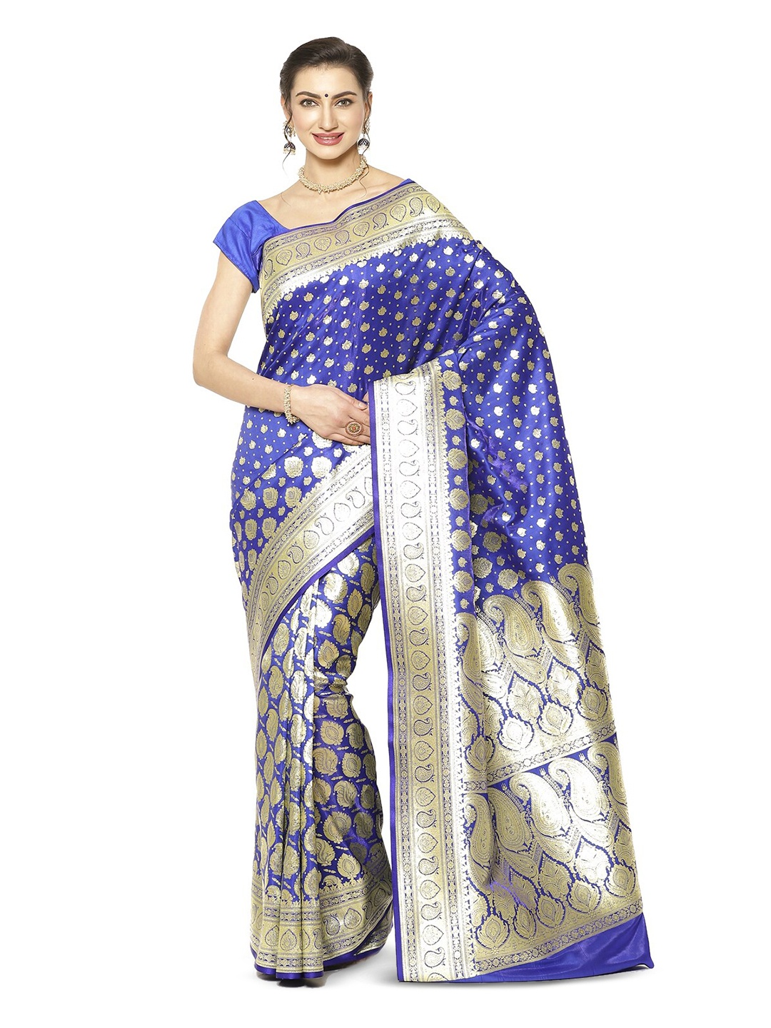 

Humairah Floral Woven Design Zari Satin Half and Half Banarasi Saree, Blue