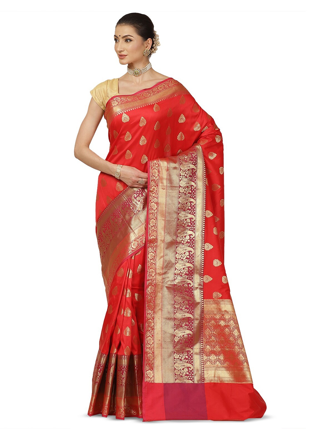 

Humairah Ethnic Motifs Woven Design Zari Banarasi Saree, Red