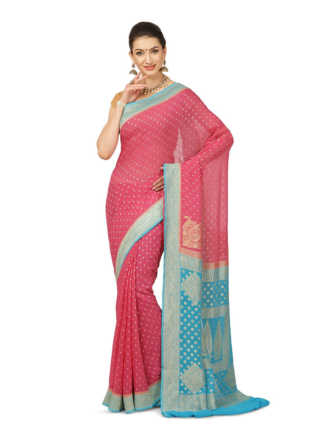 

Humairah Floral Zari Pure Georgette Banarasi Saree, Pink