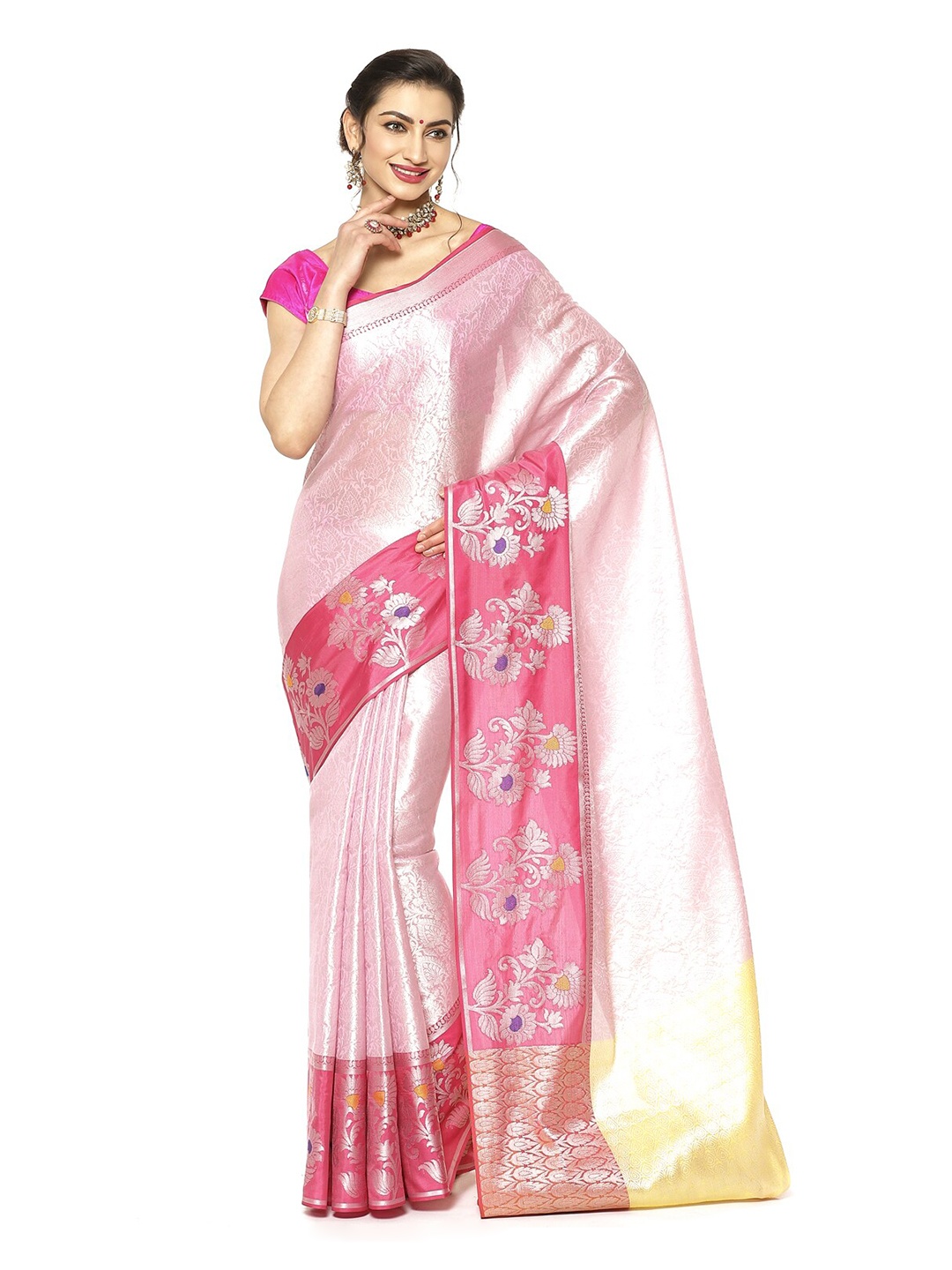 

Humairah Floral Woven Design Zari Kanjeevaram Saree, Pink