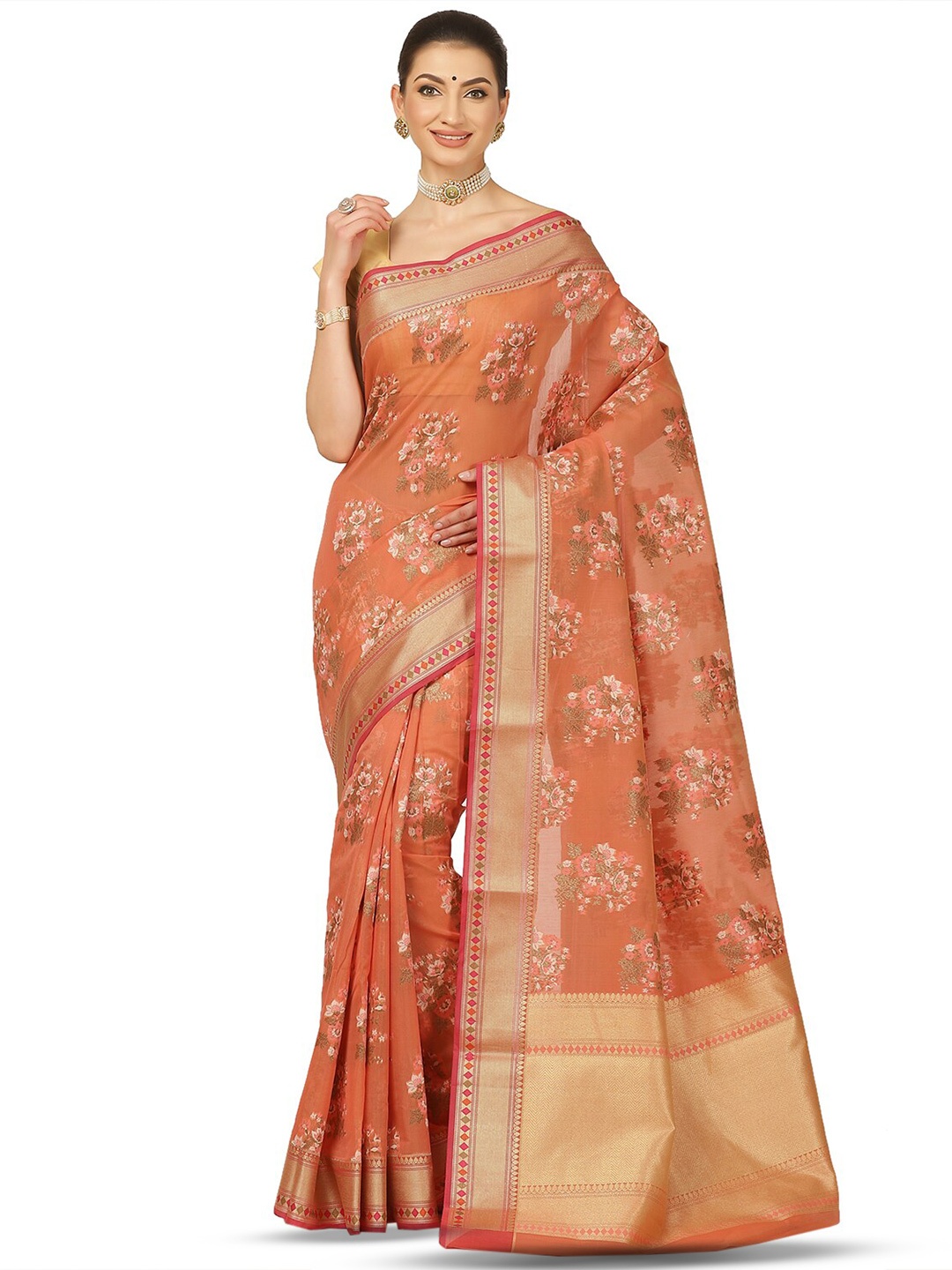 

Humairah Floral Woven Design Zari Pure Cotton Banarasi Saree, Pink