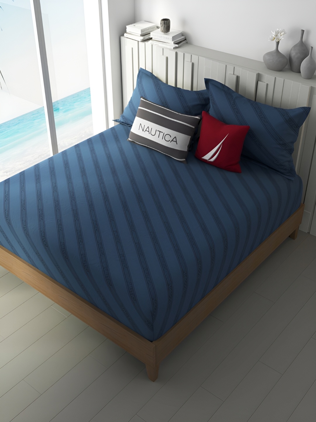 

Nautica Blue & Navy Blue Striped 160 TC King Bedsheet with 2 Pillow Covers