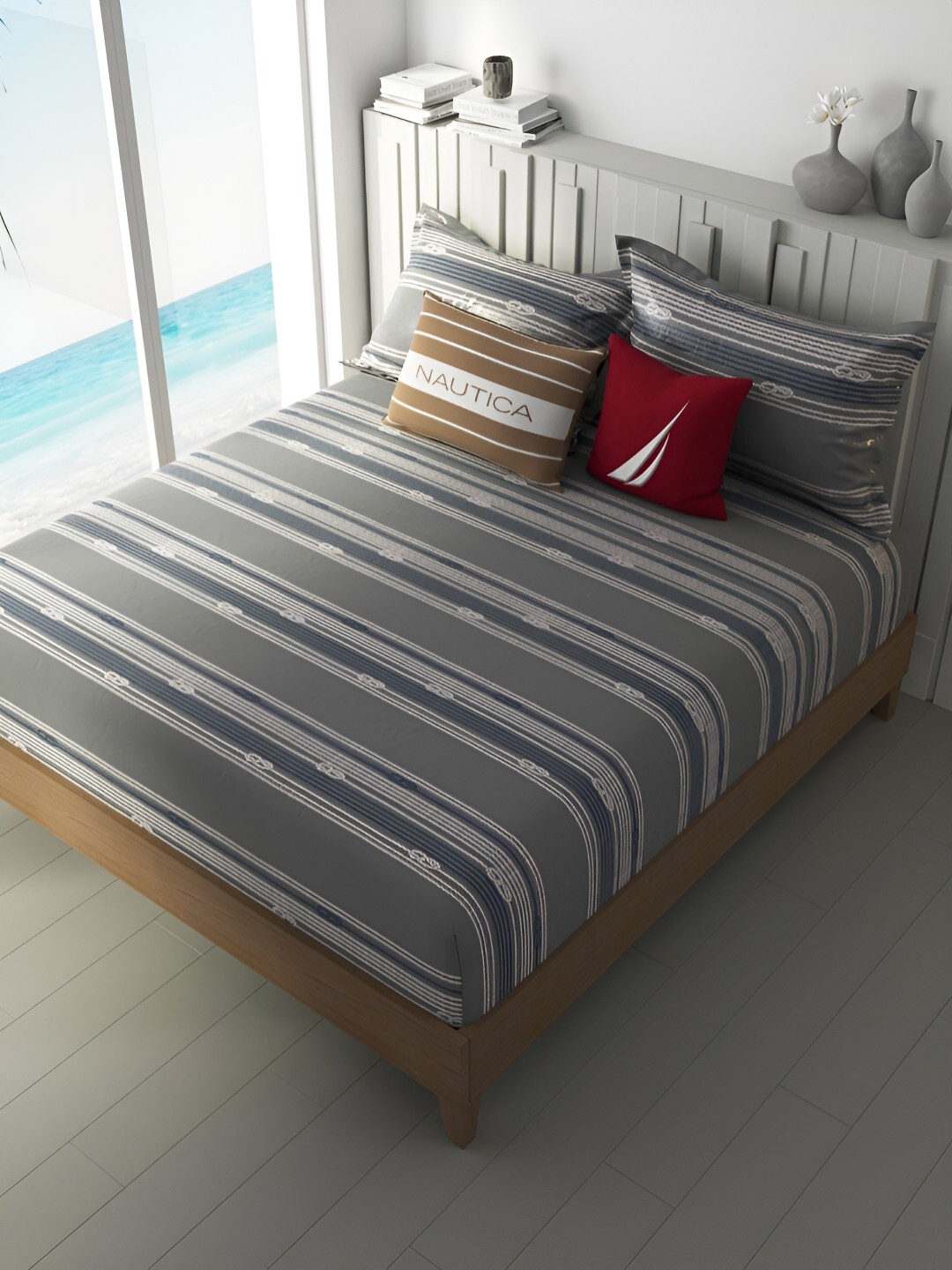 

Nautica Grey & White Striped 160 TC King Bedsheet with 2 Pillow Covers