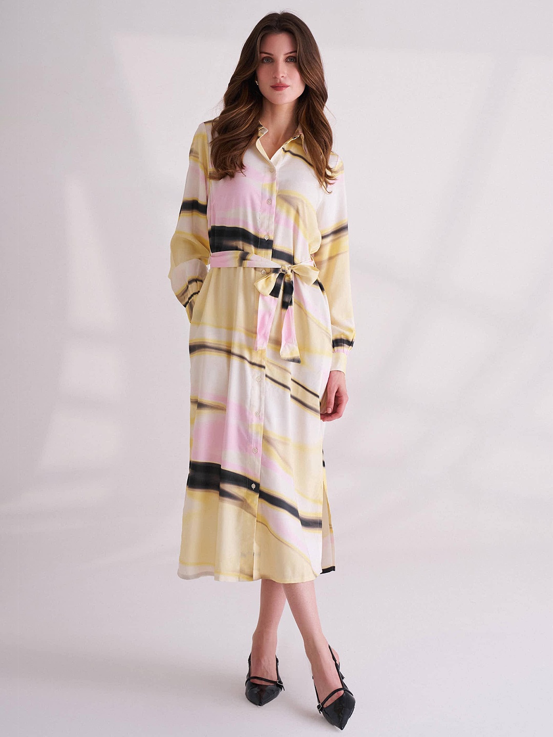 

B.Copenhagen Abstract Printed Cuffed Sleeves Shirt Midi Dress, Yellow