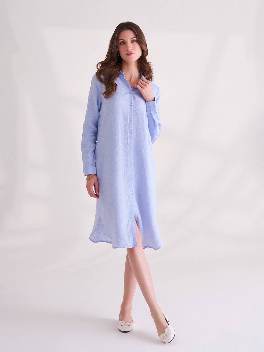 

B.Copenhagen Linen Shirt Collar Long Sleeves Shirt Casual Dress, Blue