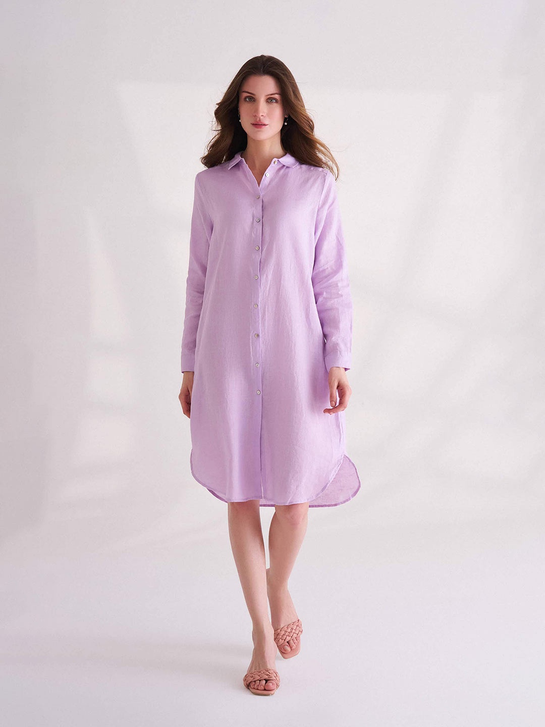 

B.Copenhagen Linen Shirt Collar Cuffed Sleeves Shirt Casual Dress, Purple