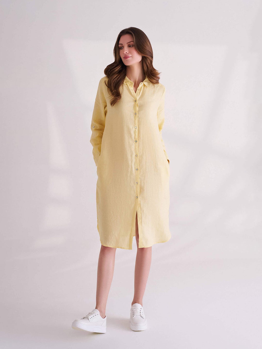 

B.Copenhagen Linen Shirt Collar Long Sleeves Casual Shirt Dress, Yellow