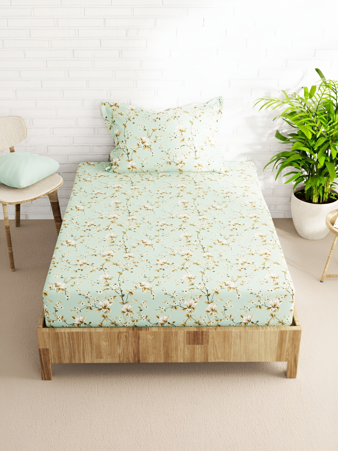 

BIANCA Blue & Brown Floral 152 TC Single Bedsheet With 1 Pillow Cover