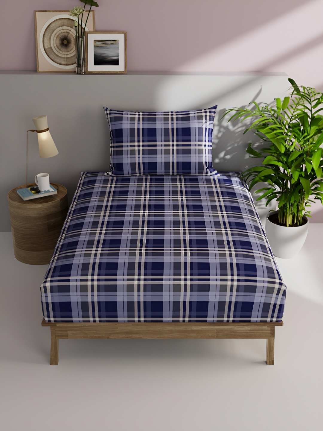 

BIANCA Blue & White Geometric 144 TC Cotton Single Bedsheet with 1 Pillow Covers
