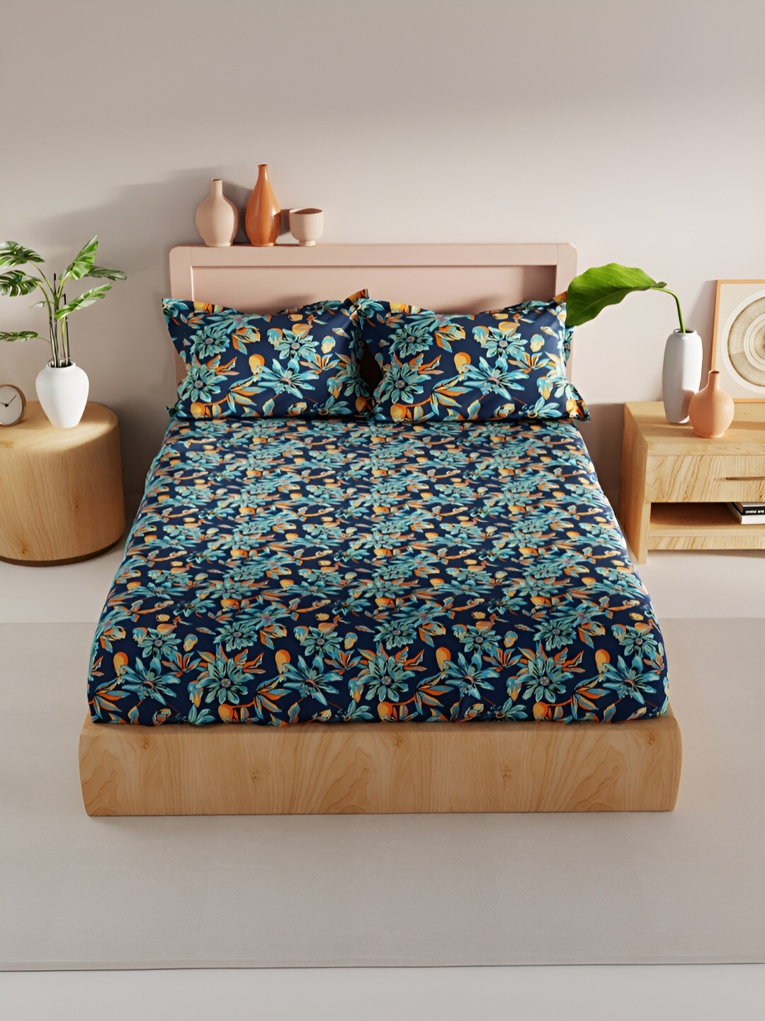 

BIANCA Navy Blue & Orange Floral 200 TC King Bedsheet With 2 Pillow Covers