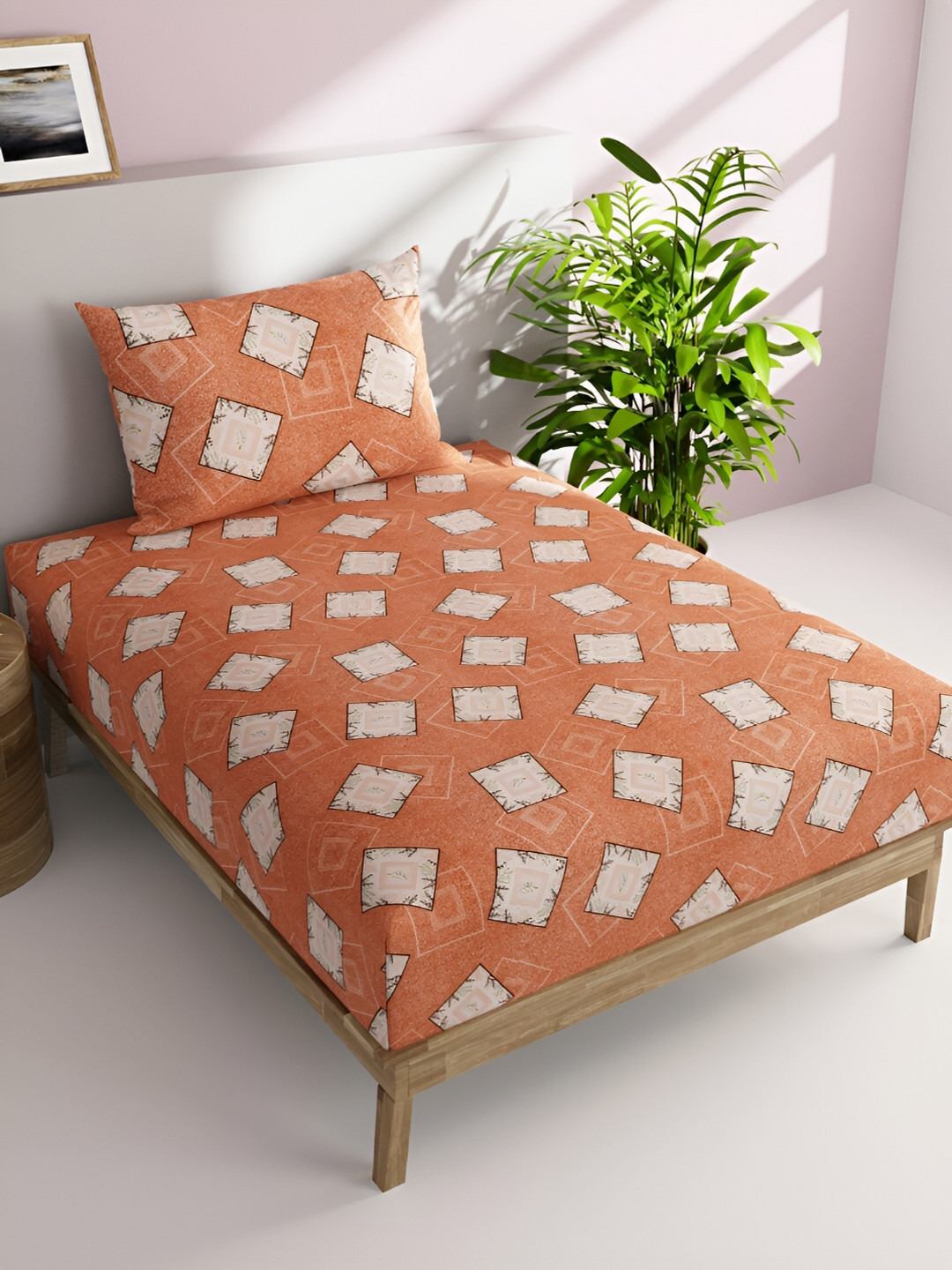 

BIANCA Rust & White Geometric Cotton 144 TC Single Bedsheet With 1 Pillow Cover