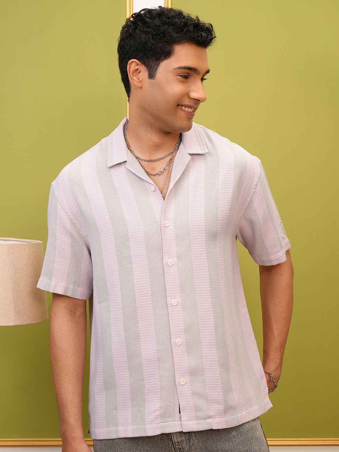 

LOCOMOTIVE Premium Dobby Textured Striped Cuban Collar Relaxed Shirt, Pink