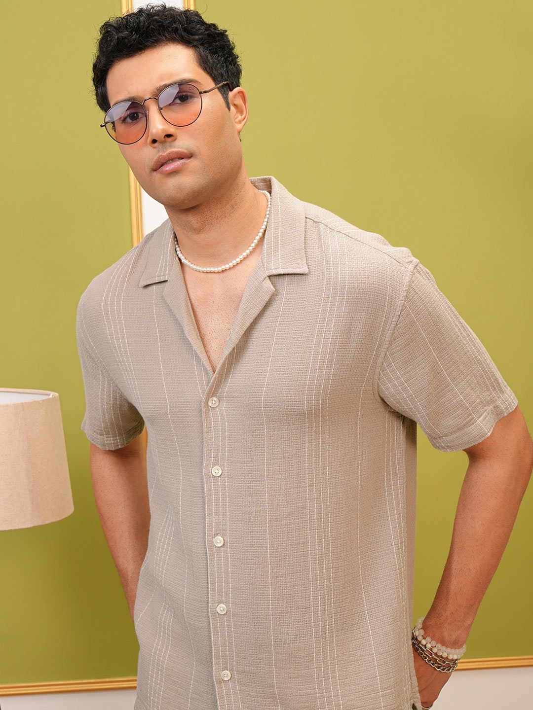 

LOCOMOTIVE Premium Khaki Dobby Textured Striped Cuban Collar Relaxed Shirt