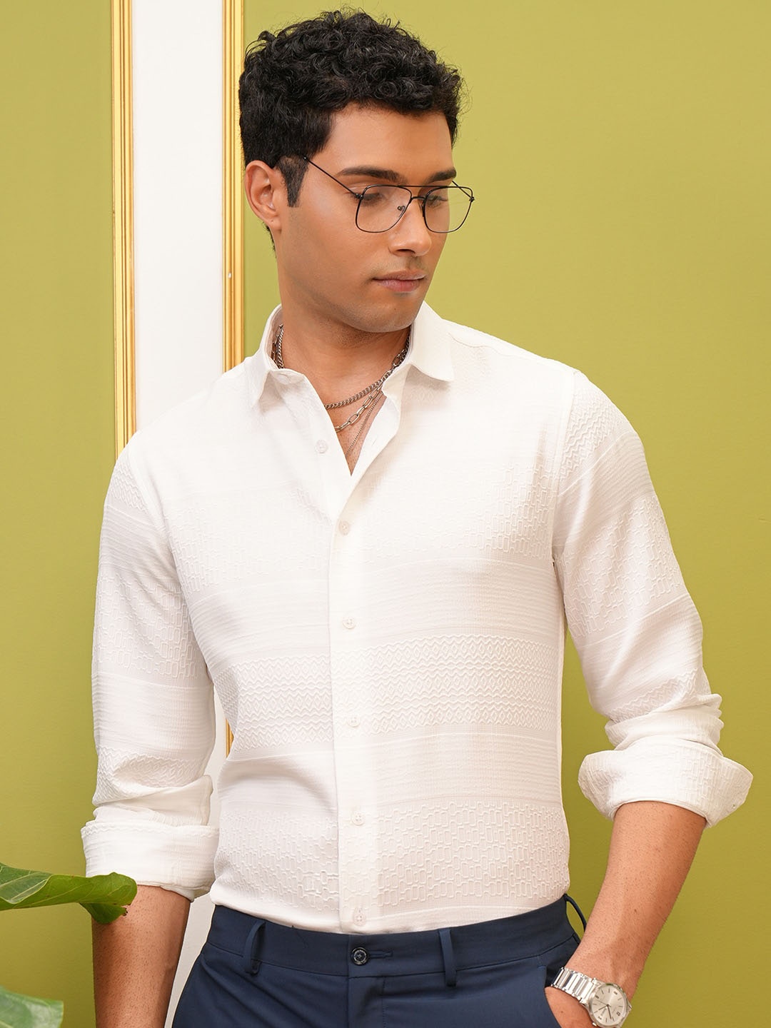

LOCOMOTIVE Luxe White Popcorn Textured Party Evening Shirt