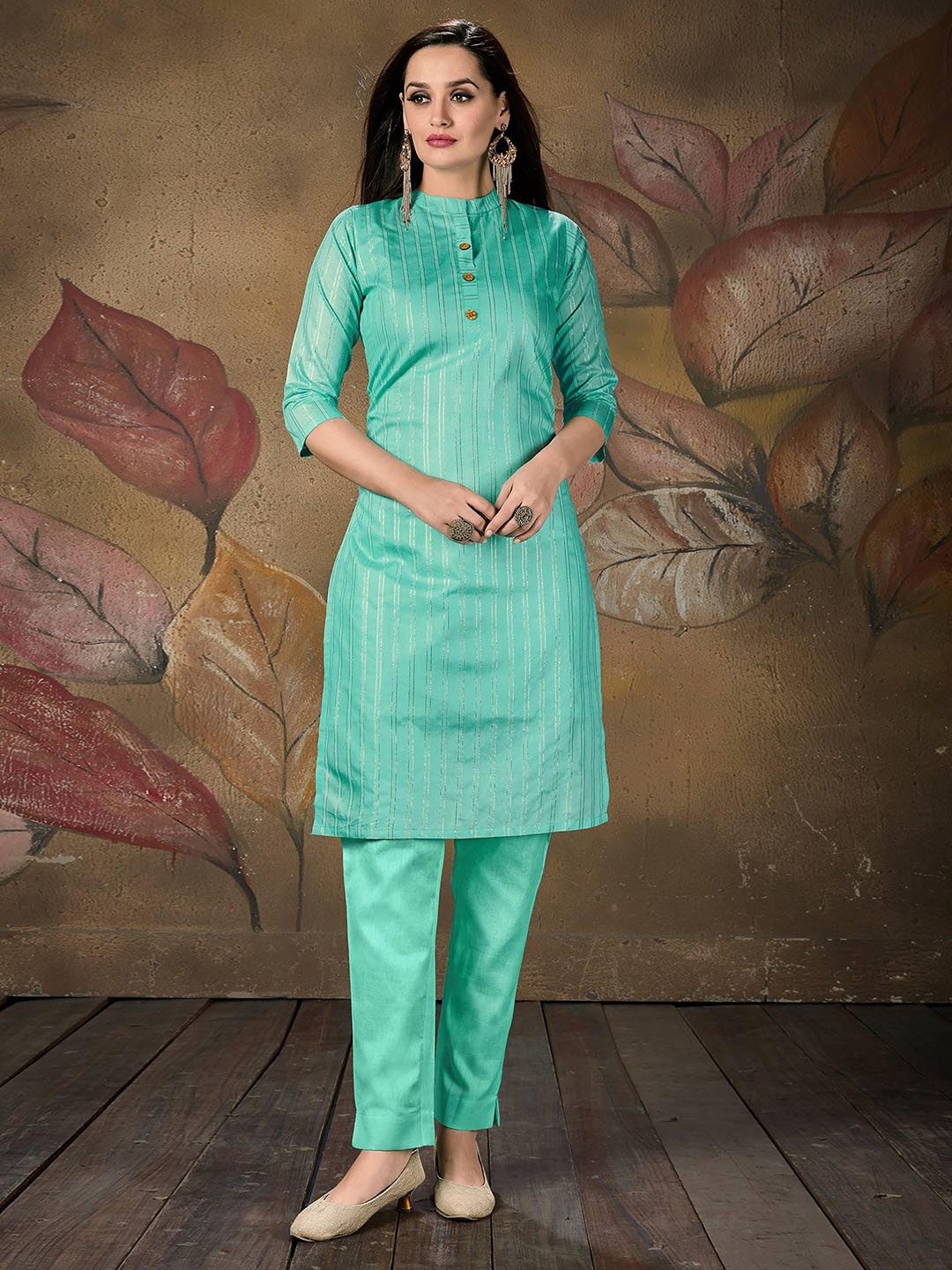 

Peachmode Striped Mandarin Collar Three-Quarter Sleeves Cotton Kurta, Blue