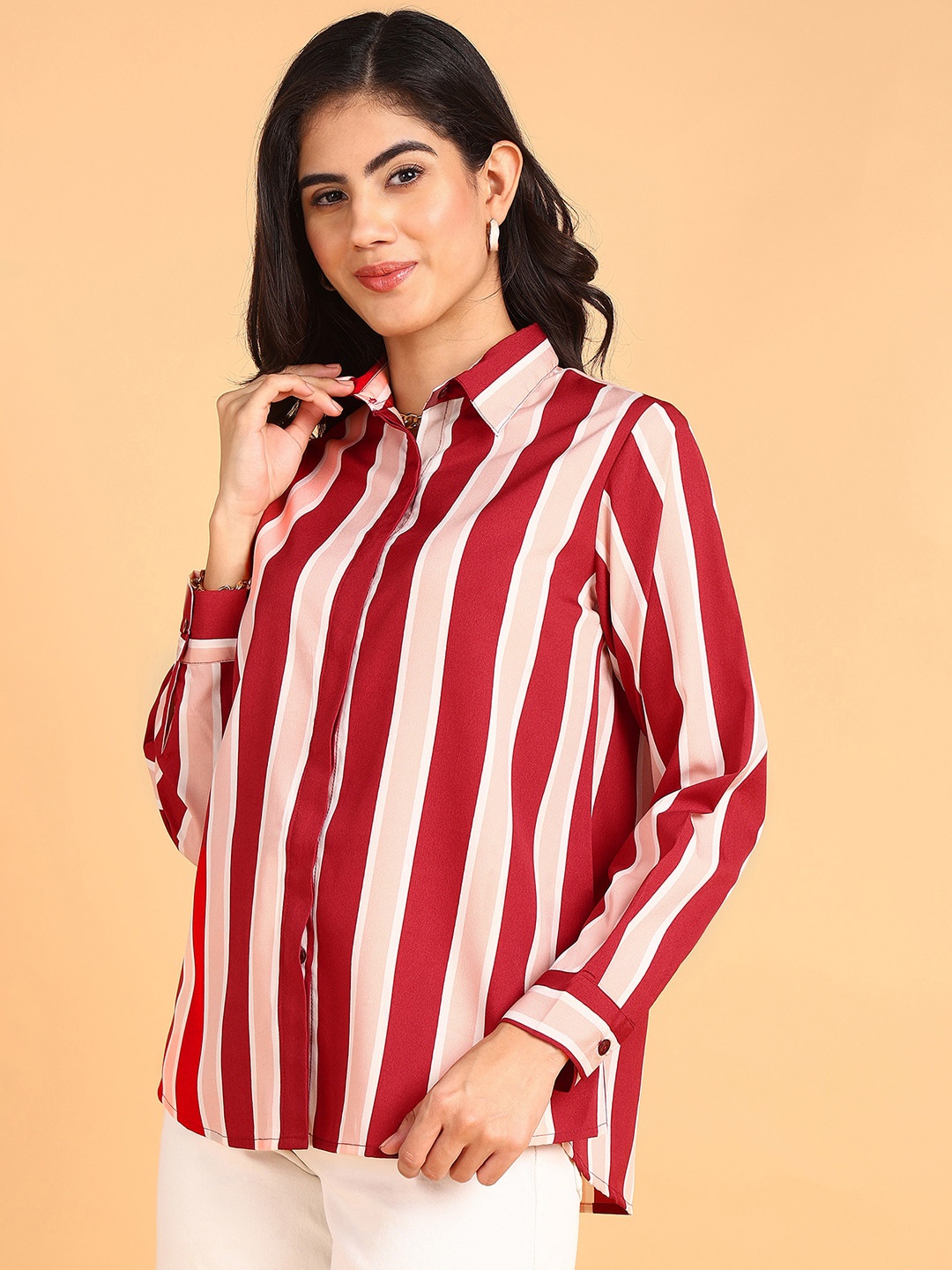 

Murcia Standard Opaque Striped Casual Shirt, Peach