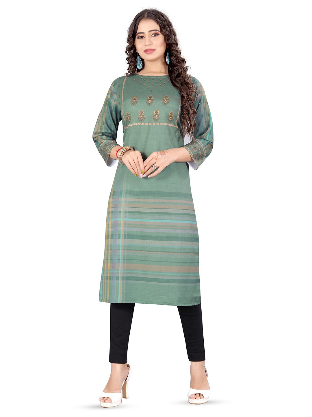 

Rujave Geometric Printed Pure Cotton Straight Kurta, Green