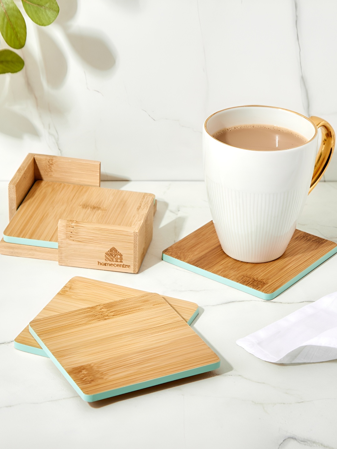 

Home Centre 4-Pcs Brown & Blue Bamboo Coasters With Holder