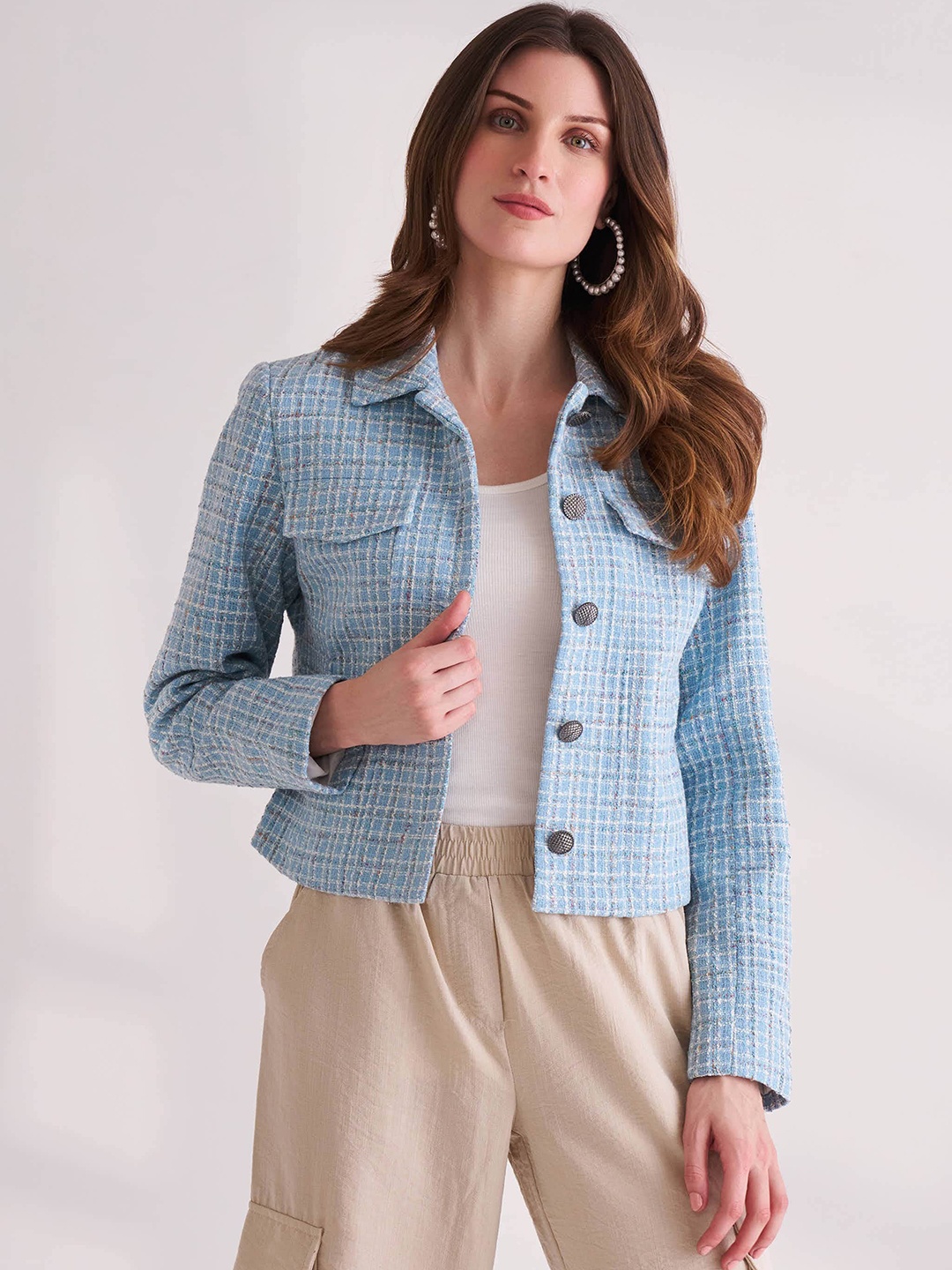 

B.Copenhagen Checked Spread Collar Chambray Weave Tailored Jacket, Blue