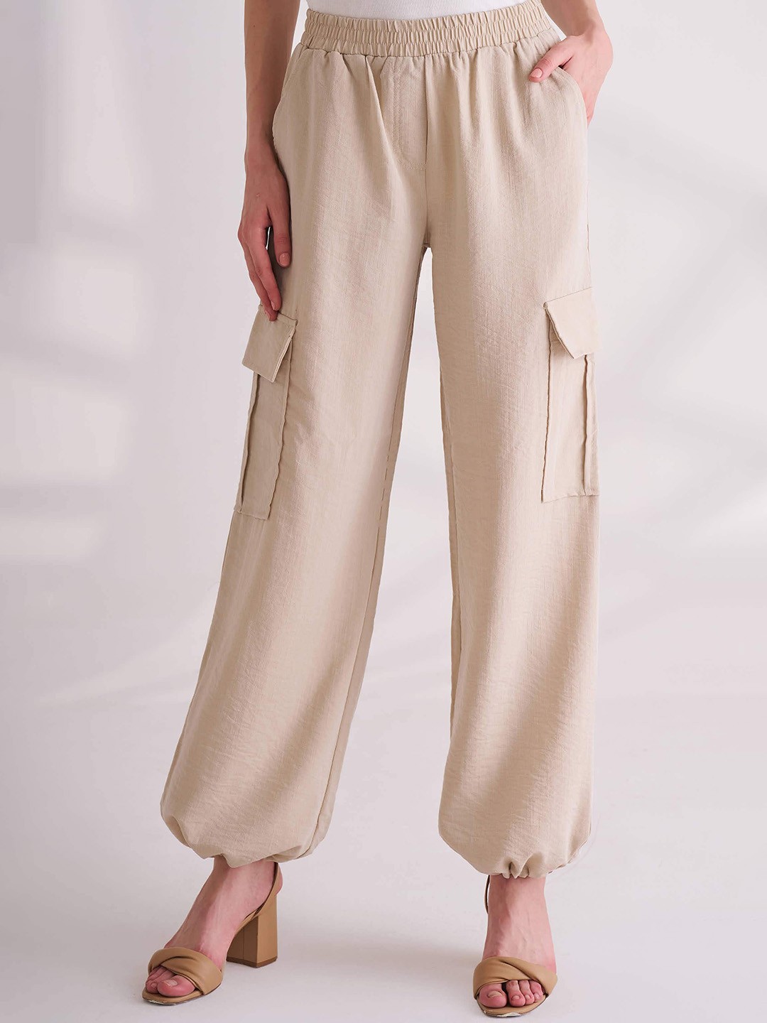

B.Copenhagen Women Mid Rise Cargo Parachute Trousers, Beige