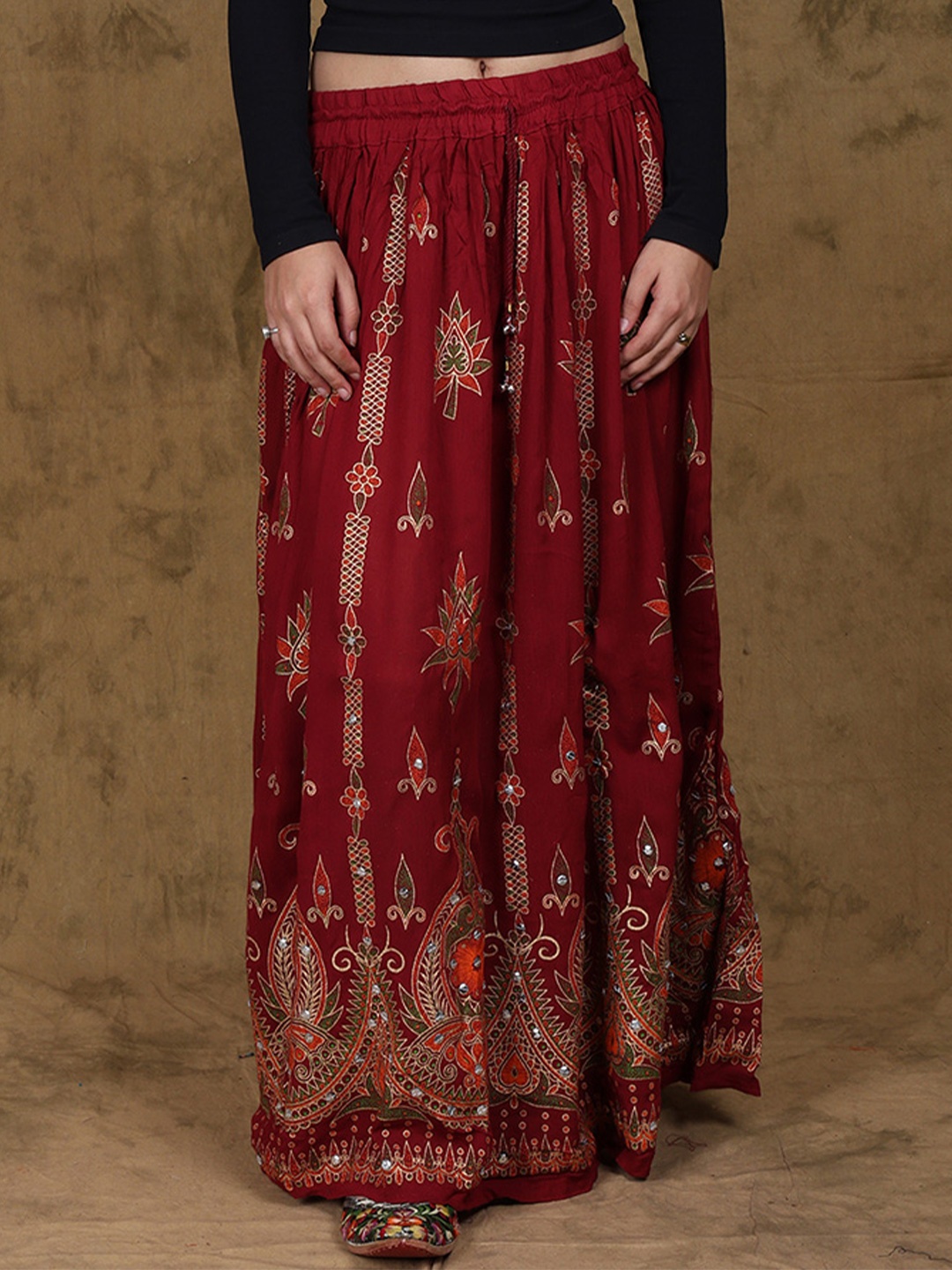 

Exotic India Embroidered & Printed A-Line Maxi Skirt, Red
