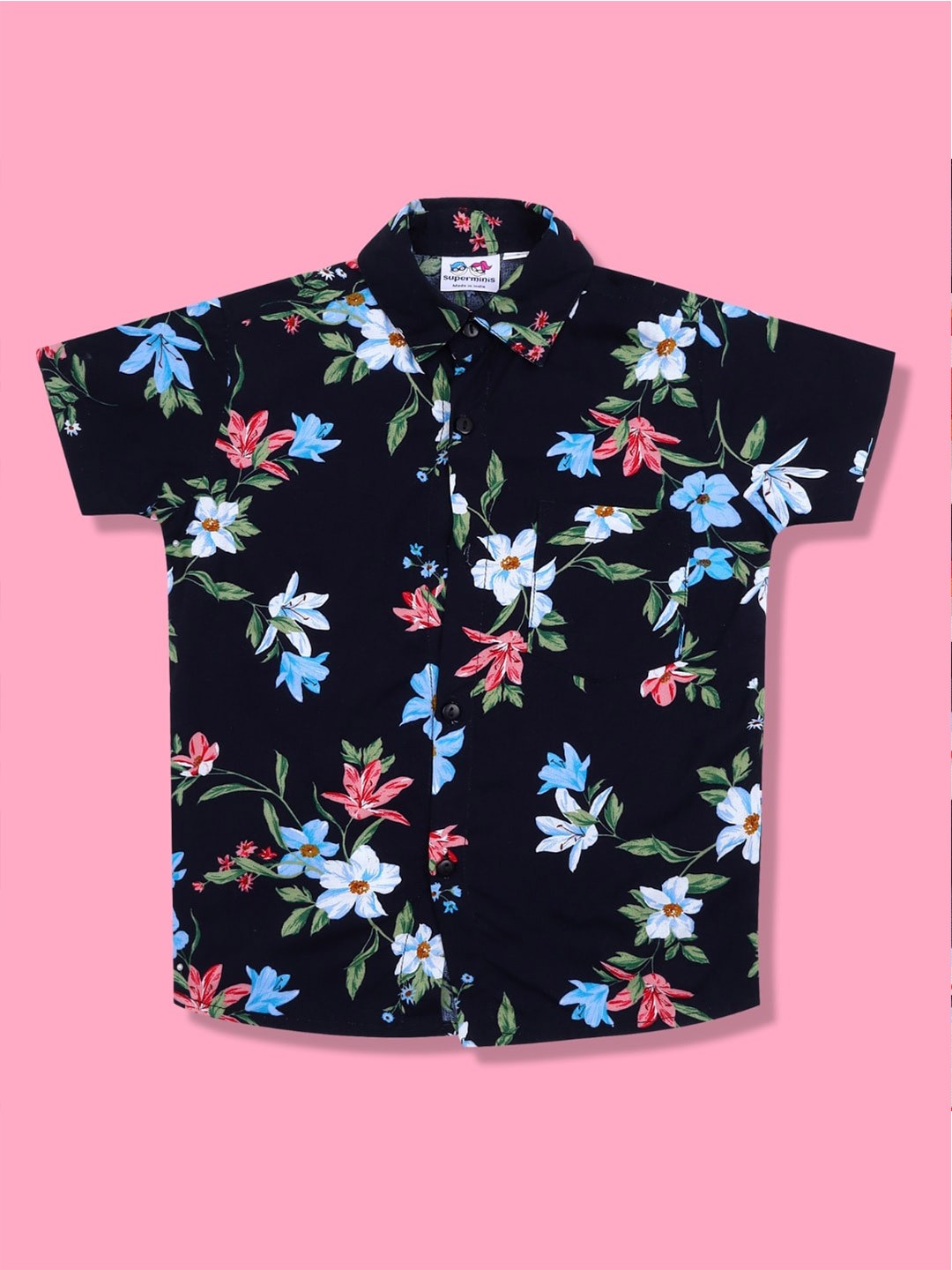 

Superminis Boys Standard Floral Printed Spread Collar Curved Casual Shirt, Black