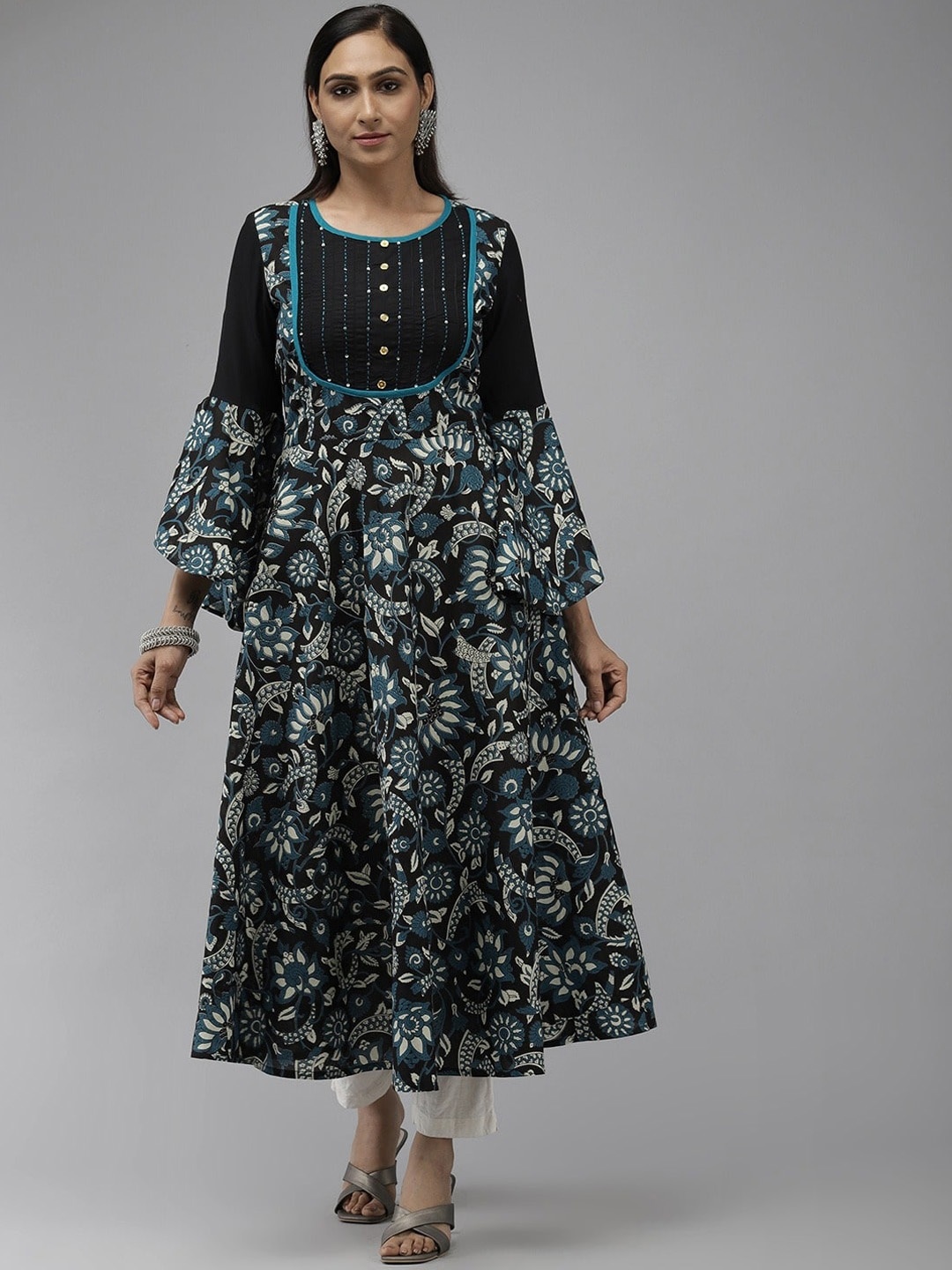 

KALINI Floral Printed Flared Sleeves A-Line Kurta, Black