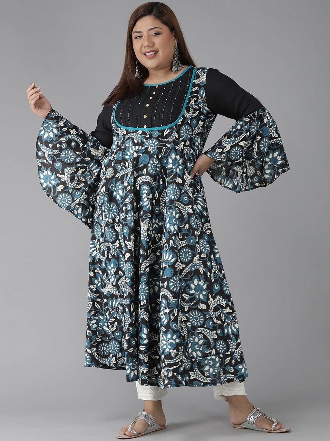 

KALINI Plus Size Floral Printed Pure Cotton Anarkali Kurta, Black