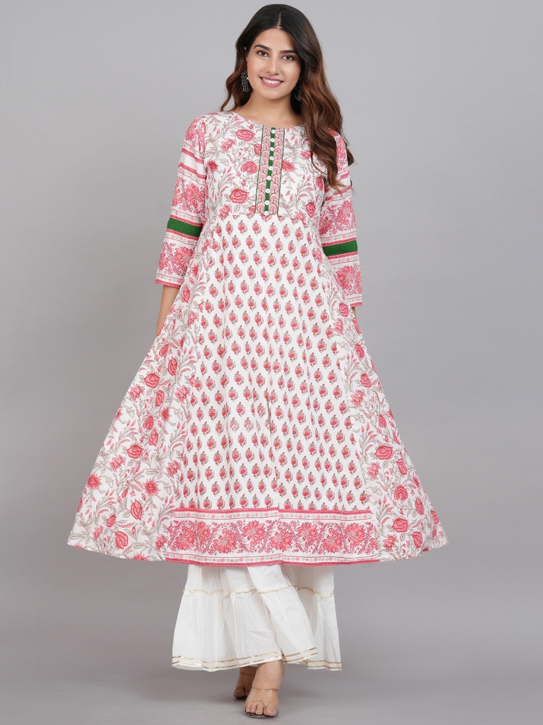 KALINI Floral Printed Round Neck Anarkali Kurta, White