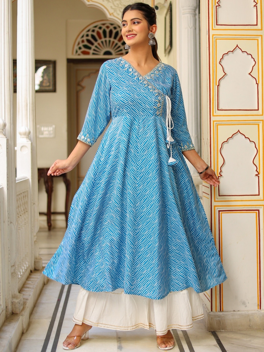 

KALINI Leheriya Printed V-Neck Angrakha A-Line Kurta, Blue