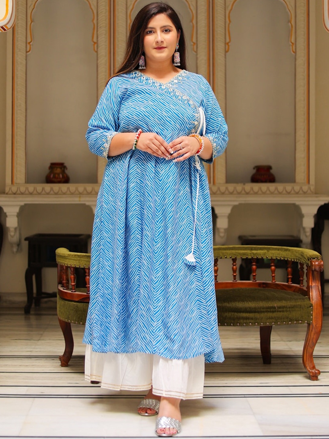 

KALINI Plus Size Printed Mirror Work Angrakha Kurta, Blue