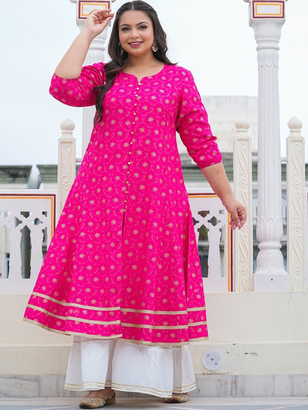 

KALINI Plus Size Floral Printed Round Neck A-Line Kurta, Pink